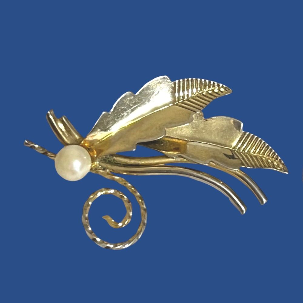 Vintage Ekelund Bros Leaf Brooch Yellow Gold Filled Dainty Pearl Pin Feminine